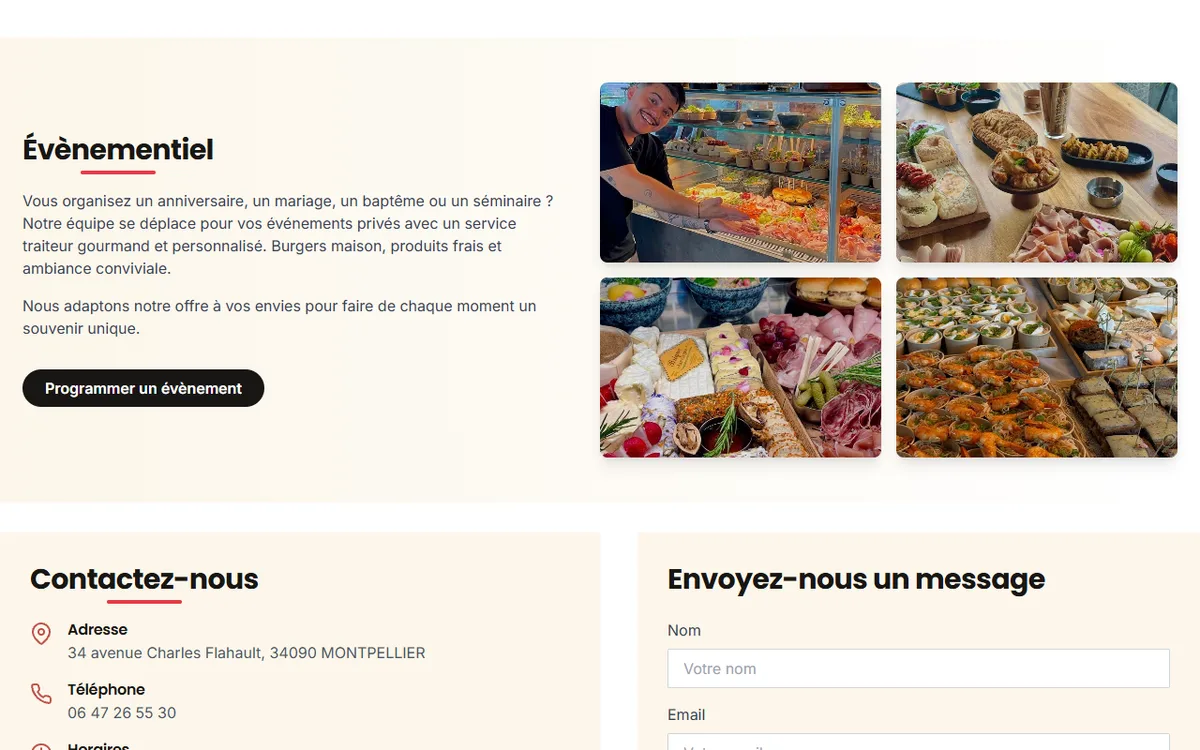 Section évènementiel du site 2Hands présentant le service traiteur pour événements privés