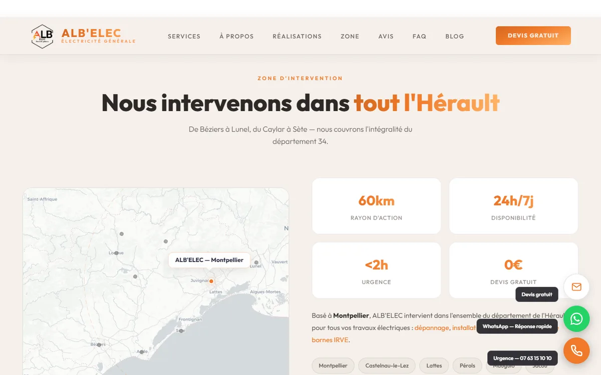 Section zone d'intervention du site ALB'ELEC listant les villes couvertes dans l'Hérault avec les délais d'intervention