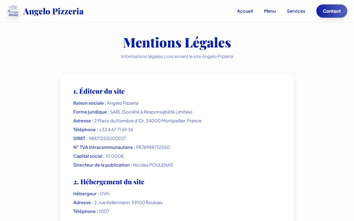 Section menu d'Angelo Pizzeria (classiques, signatures, salades)