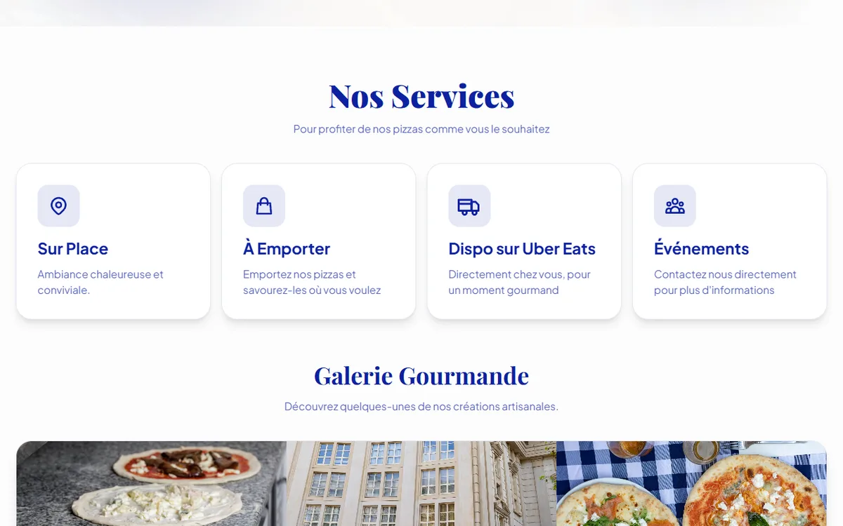 Section services présentant les options sur place, à emporter, Uber Eats et événements