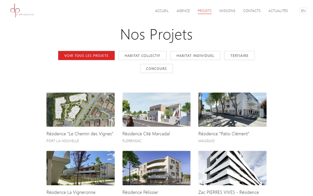 Page missions de DP Architecture (esquisse, APS, permis, chantier)