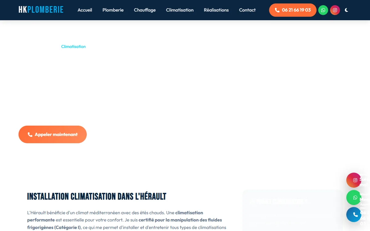 Page service climatisation de HK Plomberie