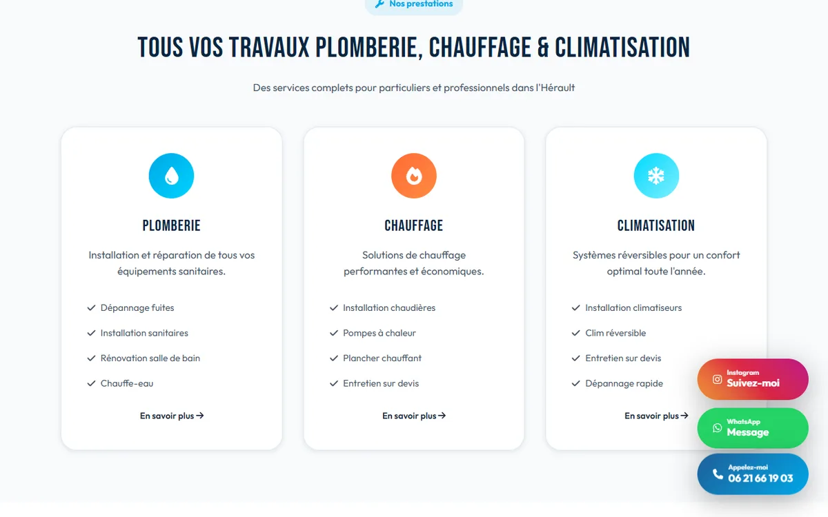 Section prestations du site HK Plomberie : trois cartes détaillant les services plomberie, chauffage et climatisation avec listes de travaux et liens En savoir plus