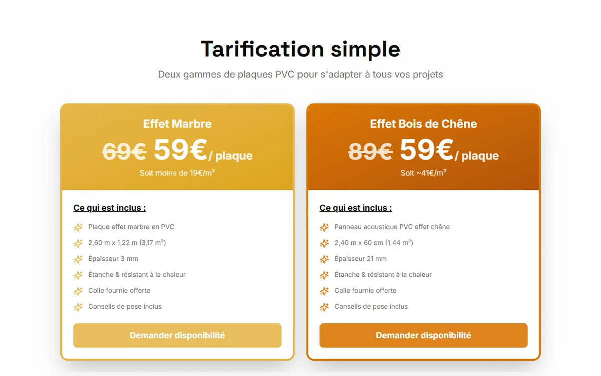 Deux cartes tarifaires des plaques effet marbre et effet chêne avec prix barrés et caractéristiques