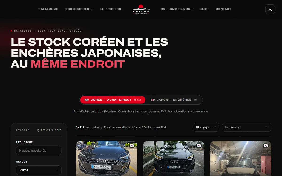Catalogue de véhicules Kaizen Motors, synchronisé sur le Japon et la Corée