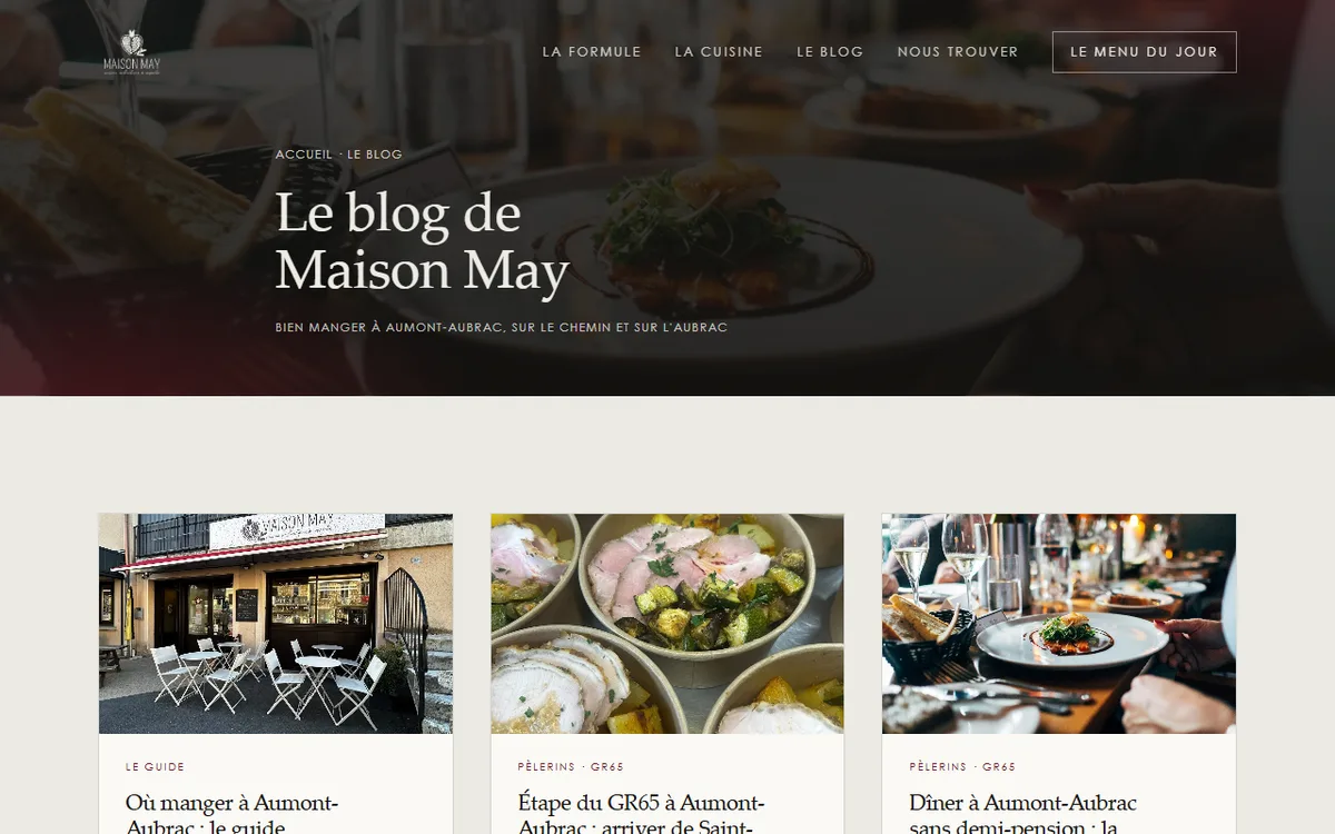 Section formule du jour à 16 € du site Maison May
