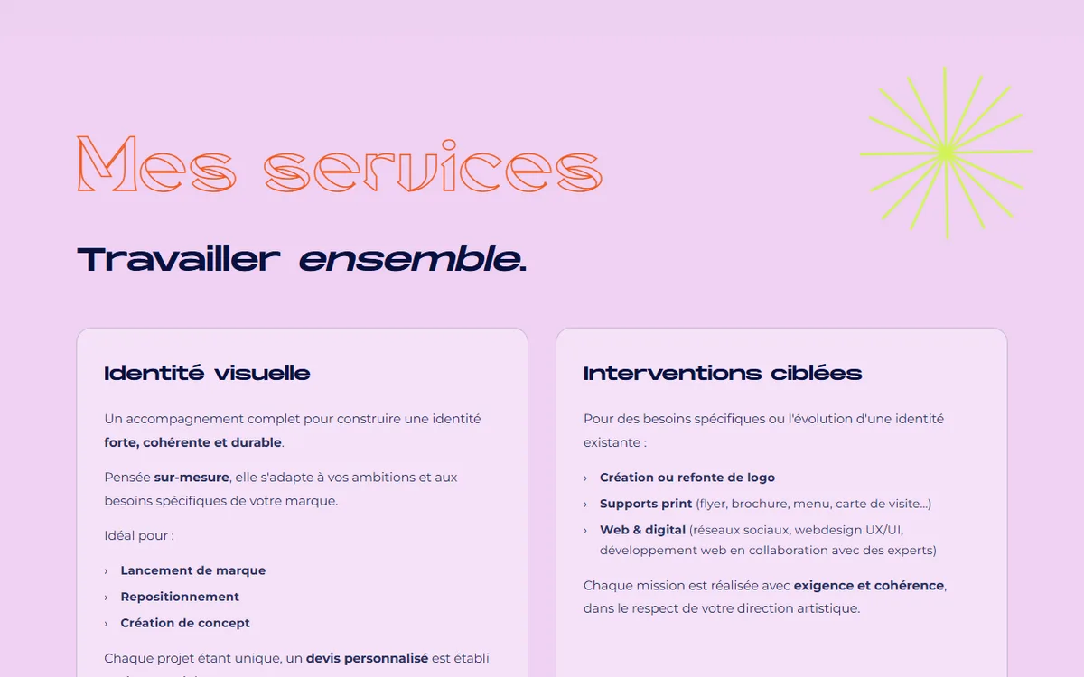 Section Mes services : deux offres, Identité visuelle et Interventions ciblées, avec la liste des prestations incluses