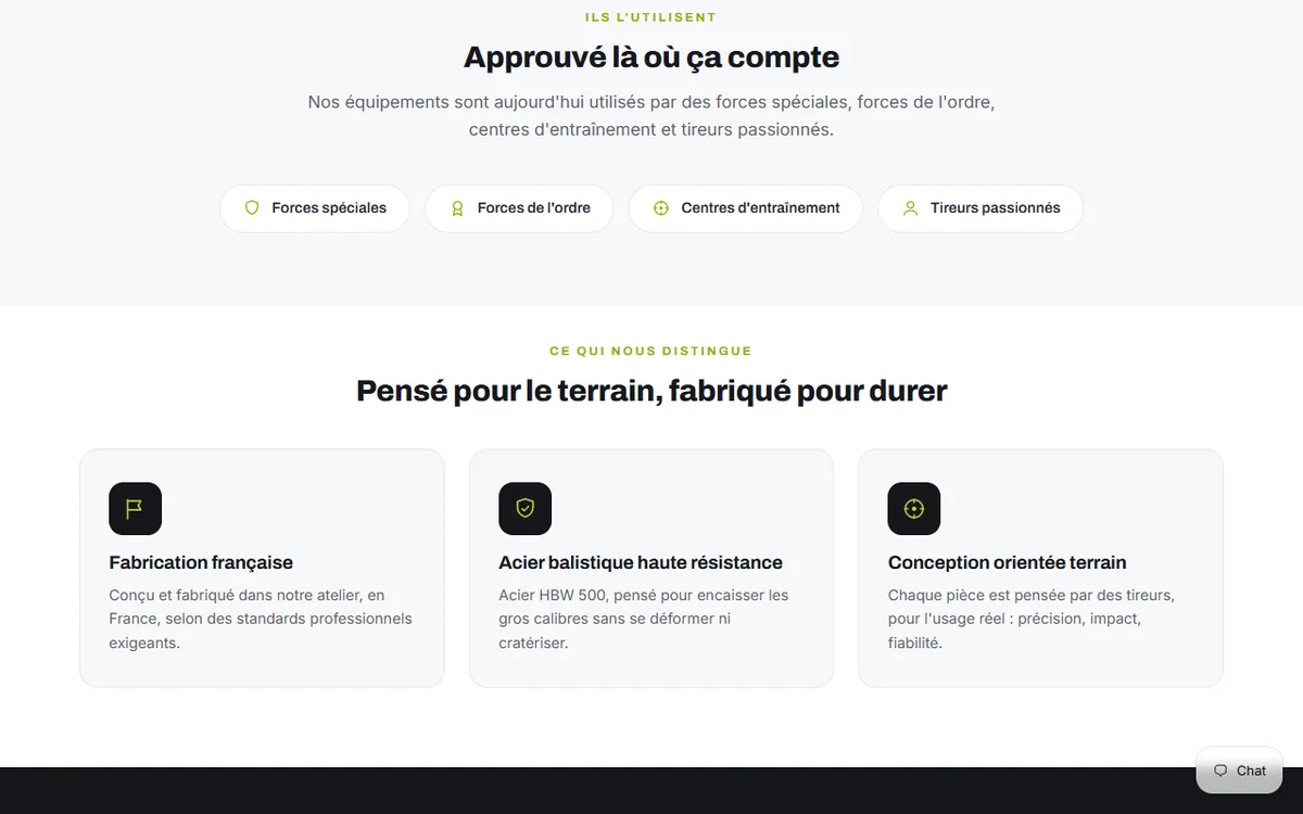 Section de la page À propos de Morgan Target listant les utilisateurs des équipements : forces spéciales, forces de l'ordre, centres d'entraînement et tireurs passionnés