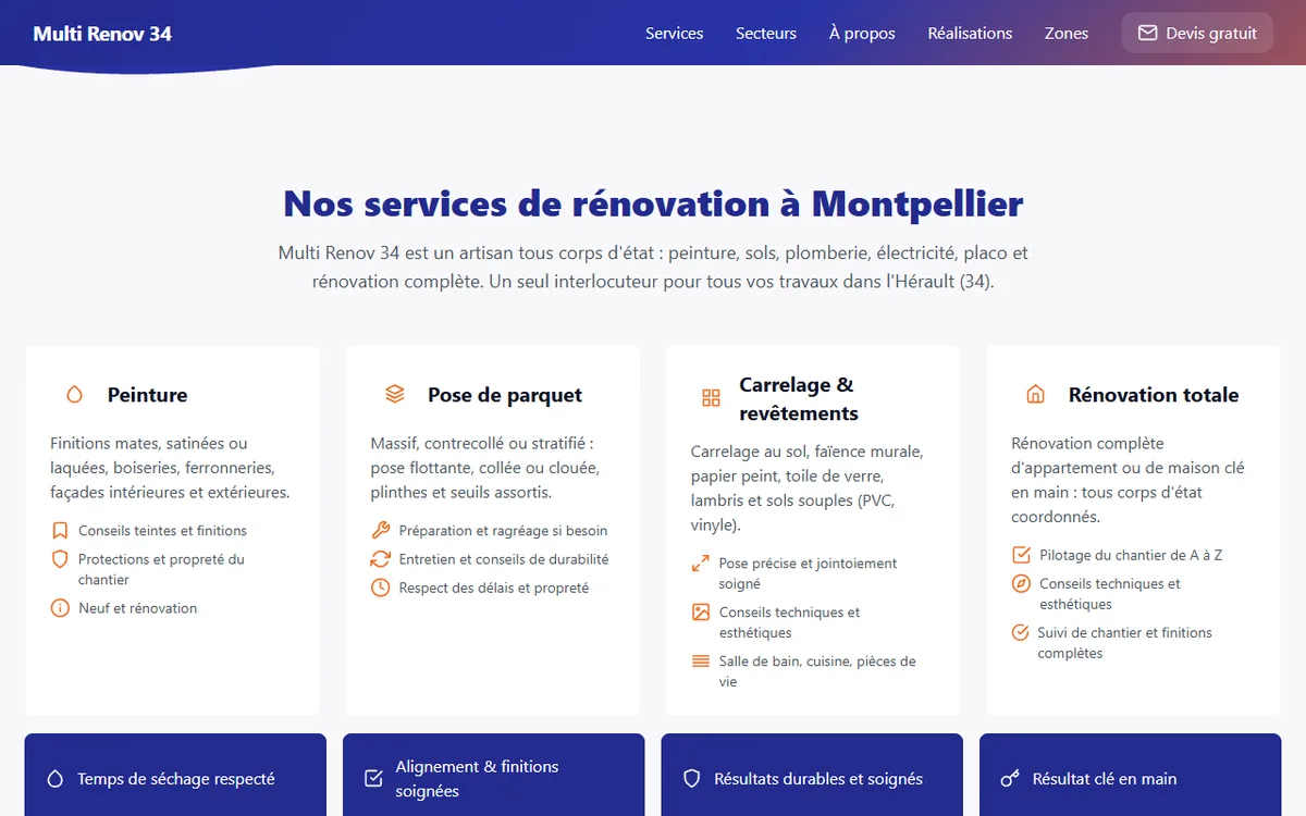 Section services de Multi Renov 34 (peinture, parquet, revêtements)