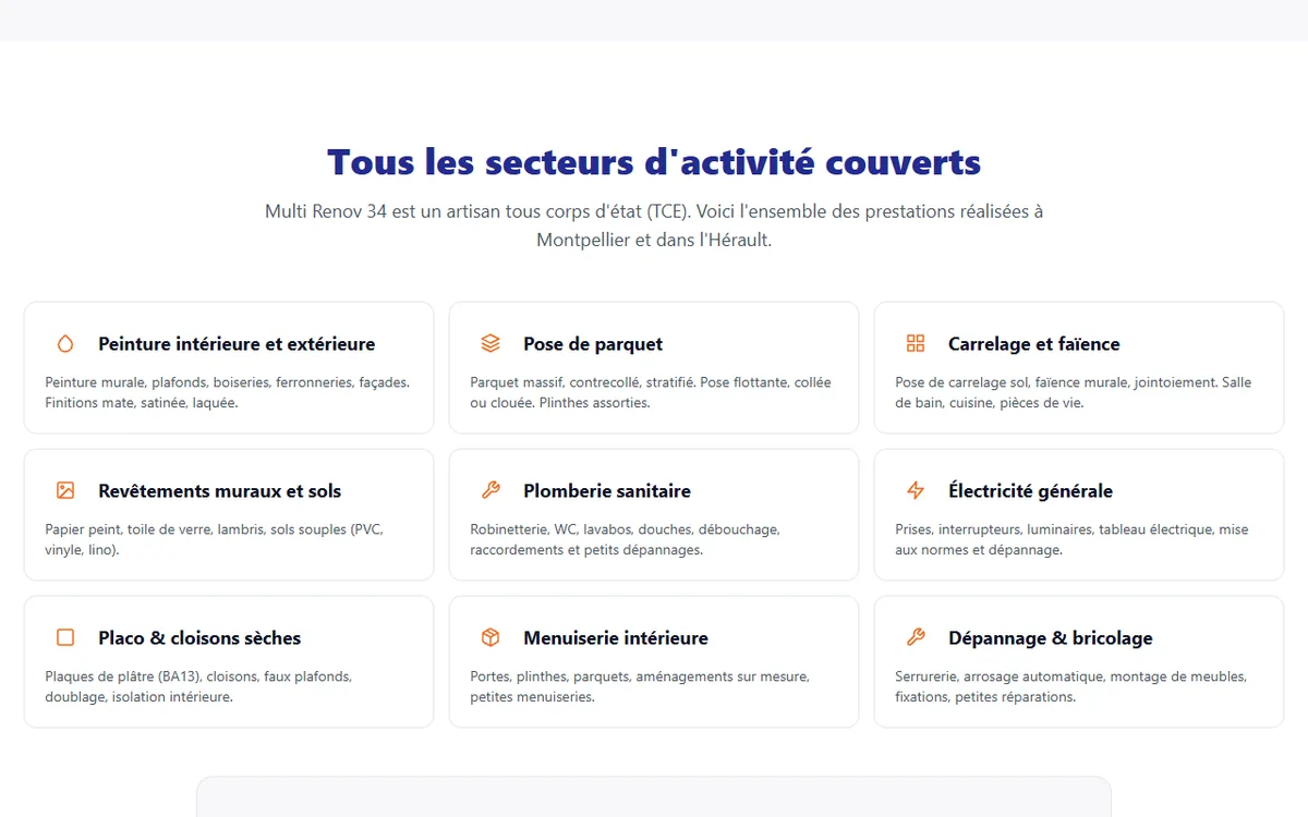 Grille de neuf prestations tous corps d'état couvertes par Multi Renov 34, chacune avec icône et description