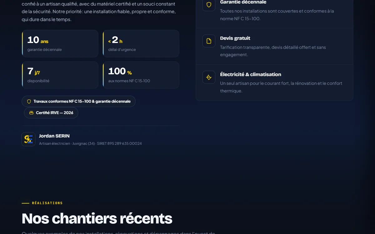 Section garanties de Serin Élec : décennale, urgence sous 2 heures, conformité NF C 15-100 et artisan identifié